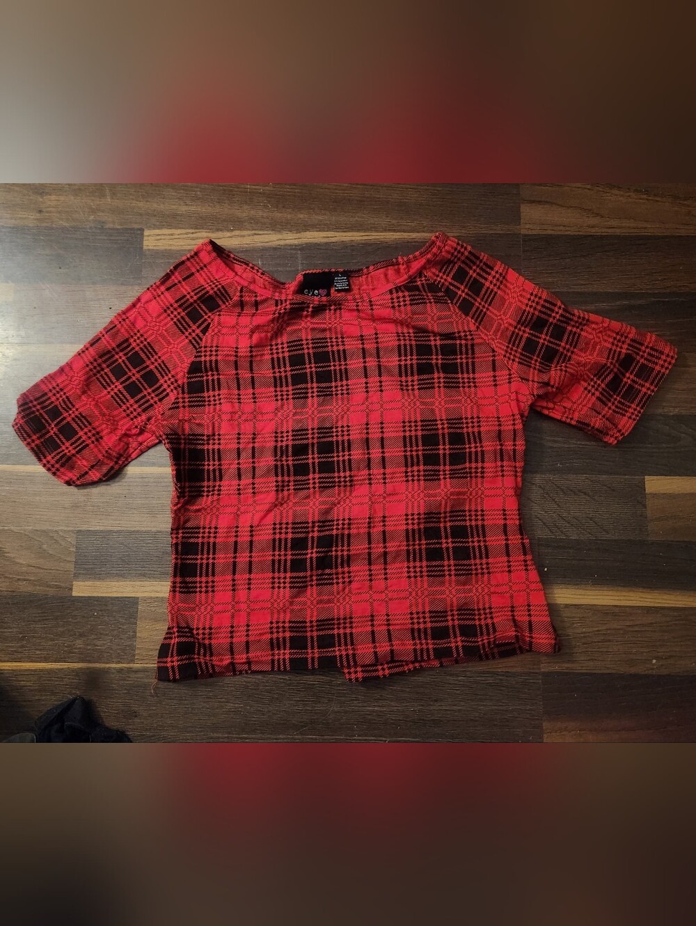 One Step Ahead Red and Black Plaid Short Sleeve Top